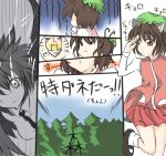 animal_ears brown_hair cat_ears cat_tail chen haruichi hat multiple_tails shameimaru_aya short_hair skirt tail touhou translated translation_request 