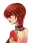  bare_shoulders brown_hair collar doutoku_no_jukai_(vocaloid) earrings flower forest_of_moral jewelry lipstick makeup meiko purple_eyes rose short_hair simple_background smile solo tattoo violet_eyes vocaloid 