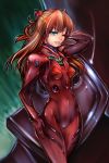  akuriru background bad_id blue_eyes eva_02 hair_ornament hairclip highres mecha neon_genesis_evangelion plugsuit pose rebuild_of_evangelion shikinami_asuka_langley smile solo souryuu_asuka_langley tori_kaku wink 