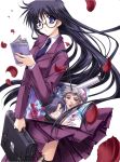  blue_eyes book briefcase glasses highres long_hair petals purple_hair ryuuga_shou school_uniform 