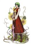  boots closed_umbrella cross-laced_footwear floral_background flower grass green_hair hands_on_hilt highres kazami_yuuka lace-up_boots lips long_skirt plaid plaid_skirt plaid_vest realistic red_eyes ryouki_tamashii short_hair simple_background skirt skirt_set solo standing sunflower touhou umbrella 