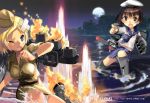  bandage bandages bare_shoulders battle blonde_hair breasts brown_eyes brown_hair cruiser destroyer fire flat_chest girl_arms green_eyes imperial_japanese_navy large_breasts mecha_musume military moon multiple_girls navy rising_sun sailor ship soldier submarine tear tears torpedo us_navy world_war_ii zeco 