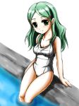  green_hair hair_ornament hairclip kimidori_emiri long_hair one-piece_swimsuit pool poolside school_swimsuit suzumiya_haruhi_no_yuuutsu swimsuit white_school_swimsuit 
