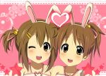  animal_ears bad_id brown_eyes brown_hair bunny_ears heart hirano_yui hirasawa_ui hirasawa_yui k-on! multiple_girls ponytail rabbit_ears short_hair siblings sisters twintails wink 