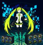  absurdres bad_id detached_sleeves green_eyes green_hair hatsune_miku headphones highres long_hair microphone microphone_stand necktie pio skirt solo speaker thigh-highs thighhighs twintails very_long_hair vocaloid zettai_ryouiki 