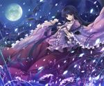 bamboo_forest black_hair bow bowtie forest frills full_moon gathers hagiwara_rin houraisan_kaguya light_particles long_hair long_skirt moon nature night petals red_eyes skirt smile solo touhou very_long_hair wide_sleeves