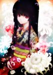  black_hair blunt_bangs enma_ai fish flower hime_cut japanese_clothes jigoku_shoujo kimono nanai red_eyes sitting solo 