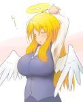  angel angel_wings arms_behind_head arms_up blonde_hair breasts cleavage closed_eyes halo huge_breasts long_hair wings 