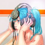  bare_shoulders blue_eyes blue_hair doing_it_wrong hands_on_headphones hatsune_miku headphones long_hair nail_polish realistic solo twintails vocaloid yosshii 