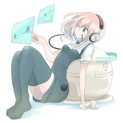  computer headphones highres macintosh original pink_hair short_hair sitting takagi_(tansuke) tansuke thigh-highs thighhighs wink 