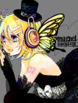  (?&infin;??) blonde_hair blue_eyes butterfly_wings dress elbow_gloves fingerless_gloves gloves hair_ornament hairclip hat headphones headset kagamine_rin magnet_(vocaloid) mini_top_hat nail_polish short_hair solo top_hat vocaloid wings wory 