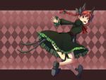  argyle argyle_background braid cat_ears cat_tail hair_ribbon kaenbyou_rin letterboxed looking_back mimika_(artist) mimika_(puetilun) multiple_tails open_mouth red_eyes red_hair redhead ribbon running short_hair smile solo tail touhou twin_braids twintails 