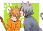  animal_ears blush brown_hair cat_ears cat_tail licking male reborn silver_hair simple_background wrong_direction 