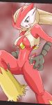  blaziken_(cosplay) breasts claws cleavage cosplay gardevoir green_eyes jump pokemon red_skin 