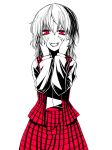  crazy_smile hands_on_face hands_on_own_face kazami_yuuka plaid plaid_skirt plaid_vest red_eyes short_hair simple_background skirt skirt_set smile solo toobane touhou white_background 