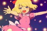  blue_eyes blush bow child dress face hair_bow hair_ribbon happy mother_(game) mother_2 night nintendo open_mouth outstretched_arms paula_polestar ribbon senntakuya short_hair smile sparkle spread_arms 