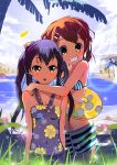  akiyama_mio beach bikini bikini_top black_hair blush brown_eyes brown_hair el-zheng grass grin hirasawa_yui hug innertube k-on! multiple_girls nakano_azusa palm_tree polka_dot smile striped striped_bikini striped_swimsuit swimsuit tree 