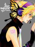  (?&infin;??) bad_id blonde_hair butterfly_wings fingerless_gloves gloves headphones headset kagamine_len magnet_(vocaloid) male necktie profile short_hair solo vocaloid wings wory 