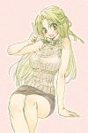  blush breasts green_eyes green_hair higurashi_no_naku_koro_ni large_breasts long_hair skirt sonozaki_shion suga_koharu sweater 