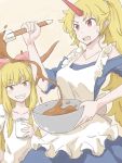  2girls alternate_costume apron beer_can blonde_hair blue_dress blush bow bowl breasts brown_background brown_eyes chocolate chocolate_making collarbone dress frilled_apron frills grin hair_bow hair_tie horn horns hoshiguma_yuugi ibuki_suika jack_(wkm74959) long_hair long_ponytail long_sleeves looking_at_another multiple_girls off-shoulder_dress off_shoulder open_mouth pointy_ears ponytail red_eyes simple_background sketch smile teeth tongue touhou 