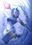  1girl android blue_eyes blue_hair gloves helmet leviathan_(rockman) polearm rockman rockman_zero solo spear thigh-highs water weapon zoner 