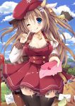  1girl animal_ears bag bell bell_collar black_legwear blonde_hair blue_eyes blue_sky breasts cleavage clouds collar commentary_request dress flying_sweatdrops food food_on_face hat horns large_breasts letter licking_lips long_hair long_sleeves love_letter one_eye_closed original red_dress sky smile solo thigh-highs tongue tongue_out uguisu_mochi_(ykss35) very_long_hair zettai_ryouiki 
