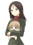  2girls baby blonde_hair blue_eyes blush brown_hair carrying commentary_request diaper girls_und_panzer katyusha kotanuki_(kotanukiya) long_hair military military_uniform multiple_girls nonna pacifier short_hair uniform younger 