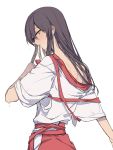  1girl akagi_(kantai_collection) brown_hair dripping hatyo japanese_clothes kantai_collection long_hair looking_at_viewer off_shoulder parted_lips solo sweat sweating undressing yellow_eyes 