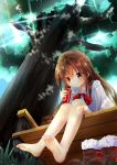  1girl absurdres barefoot bench blush boots boots_removed brown_hair capelet drinking drinking_straw feet from_below highres legs long_hair original red_eyes shoes_removed soles solo toes tree 