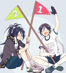  2boys ^_^ black_gloves black_hair blush closed_eyes flag fudou_yukimitsu gloves gym_uniform headband indian_style male_focus mame_(ballet2604) multiple_boys open_mouth ponytail purple_hair shorts sitting smile touken_ranbu violet_eyes yagen_toushirou 