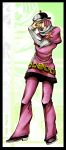  1girl araki_hirohiko_(style) blue_eyes blue_lipstick character_name covering_one_eye cream_starter_(stand) flower full_body hat hot_pants_(sbr) jojo_no_kimyou_na_bouken lipstick makeup metamin_(memethah) pink_hair short_hair solo stand_(jojo) steel_ball_run turtleneck zoom_layer 