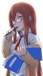  1girl biting book glasses long_hair makise_kurisu mechanical_pencil open_book pencil redhead solo steins;gate un violet_eyes 