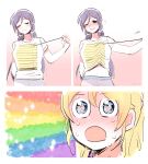  2girls absurdres artist_request ayase_eli blonde_hair blue_eyes blush breasts colorful green_eyes highres long_hair looking_at_viewer love_live!_school_idol_project multiple_girls open_mouth ponytail purple_hair rainbow rainbow_background scrunchie smile tagme tears toujou_nozomi twintails yuri 
