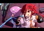  2girls fighting_stance hair_ornament hairclip long_hair mizunashi_(second_run) multiple_girls necktie neptune_(choujigen_game_neptune) neptune_(series) open_mouth purple_hair red_eyes redhead shin_jigen_game_neptune_vii short_hair sword tennouboushi_uzume_(choujigen_game_neptune) twintails violet_eyes weapon 