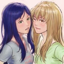  2girls bangs blonde_hair blue_hair brown_hair casual fujino_shizuru green_eyes ikeda_(cpt) kuga_natsuki long_hair looking_at_viewer lowres multiple_girls my-hime one_eye_closed parted_lips red_eyes smile upper_body 