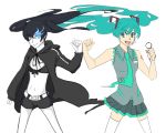  artist_request bikini_top black_hair black_rock_shooter black_rock_shooter_(character) blue_eyes drawfag glowing glowing_eye glowing_eyes hatsune_miku midriff pale_skin short_shorts shorts source_request twintails uneven_twintails vocaloid white_background 