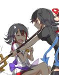  2girls asymmetrical_wings black_hair closed_eyes cracked_wall fang hands_up houjuu_nue kijin_seija misha_(hoongju) multicolored_hair multiple_girls open_mouth polearm red_eyes redhead smile streaked_hair touhou trident weapon white_hair wings wristband 