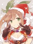  &gt;:) 1girl black_gloves blush breasts christmas clarisse_(granblue_fantasy) cleavage fur_trim gloves granblue_fantasy green_eyes grin hat leaf light_brown_hair long_hair looking_at_viewer nozomu144 ponytail santa_hat smile snow solo sparkle upper_body 