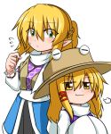  &gt;:3 2girls :3 arm_warmers blonde_hair brown_eyes flying_sweatdrops frog_eyes green_eyes hair_tie half_updo hands_in_sleeves hat highres katsumi5o mizuhashi_parsee moriya_suwako multiple_girls nervous playing_with_own_hair pointy_ears robe scarf short_hair sleeves_past_wrists smug snort touhou turtleneck vest wide-eyed 