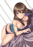  1girl bangs bare_shoulders blue_eyes blush bow bow_panties breasts brown_hair cleavage collarbone copyright_request dutch_angle highres kagematsuri lace_trim large_breasts long_hair looking_at_viewer lying navel on_bed on_side panties pillow purple_panties solo stomach strap_slip underwear 