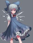  1girl blue_dress blue_eyes blue_hair cirno dress grey_background hair_ribbon ice ice_wings jpeg_artifacts looking_at_viewer puffy_sleeves rari-ko ribbon short_hair short_sleeves simple_background solo touhou wings 