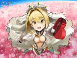  11eyes :d absurdres belt blonde_hair bodysuit breasts bridal_veil cleavage fate/extra fate/extra_ccc fate/grand_order fate_(series) flower gift gloves green_eyes highres lock looking_at_viewer navel nekodayo22 open_clothes open_mouth saber_bride short_hair smile solo teeth veil white_gloves 