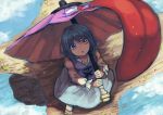  1girl berabou blue_eyes blue_hair from_above heterochromia karakasa_obake long_sleeves looking_up open_mouth red_eyes sandals shirt short_hair skirt tatara_kogasa tongue touhou umbrella vest 