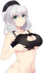  1girl :o blue_eyes blush breast_hold breasts cat_lingerie cleavage collarbone groin hat kantai_collection kashima_(kantai_collection) large_breasts looking_at_viewer navel rinaka_moruchi silver_hair solo two_side_up upper_body wavy_hair white_background 