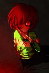  absurdres androgynous artist_name black_sclera blood blood_on_face blood_splatter bloody_clothes bloody_hair bloody_knife bloody_weapon brown_hair chara_(undertale) evil_grin evil_smile full_body glamist grin hair_over_one_eye highres knife red_eyes smile solo spoilers striped striped_sweater sweater tagme undertale weapon 