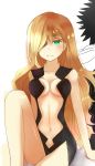  1boy 1girl artist_request bare_arms bare_shoulders blonde_hair blush breasts cleavage eyepatch green_eyes hair_over_one_eye kamijou_touma long_hair navel othinus shiny shiny_skin solo_focus to_aru_majutsu_no_index 