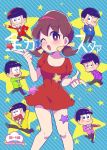  1girl 6+boys ;d arms_up black_hair blue_background bow bowl_cut bowtie brothers brown_hair cover cover_page doujin_cover dress formal hair_ribbon hairband heart heart_in_mouth matsuno_choromatsu matsuno_ichimatsu matsuno_juushimatsu matsuno_karamatsu matsuno_osomatsu matsuno_todomatsu messy_hair multiple_boys one_eye_closed open_mouth osomatsu-kun osomatsu-san remotarou ribbon sextuplets siblings simple_background smile star striped striped_background suit triangle_mouth yowai_totoko 