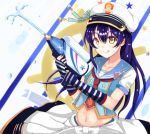  1girl bangs blue_hair blush character_name fingerless_gloves gloves hat long_hair love_live!_school_idol_project midriff mtr_333 navel necktie skirt solo sonoda_umi star striped striped_gloves tongue tongue_out water water_gun white_background yellow_eyes 