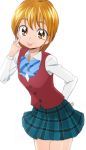  1girl :p bow bowtie brown_eyes brown_hair futari_wa_precure looking_at_viewer manji_(tenketsu) misumi_nagisa plaid plaid_skirt precure school_uniform simple_background skirt solo tongue tongue_out white_background 