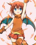  1girl :d amano_kouki arm_up bare_shoulders blue_eyes blush brown_gloves brown_hair charizard fiery_tail fingerless_gloves fire flame gloves hair_flaps highres knee_up looking_at_viewer monster_girl open_mouth orange_legwear personification pink_background pleated_skirt pokemon red_skirt simple_background sketch skirt sleeveless smile solo sweater_vest tail tareme thigh-highs turtleneck wings zettai_ryouiki 
